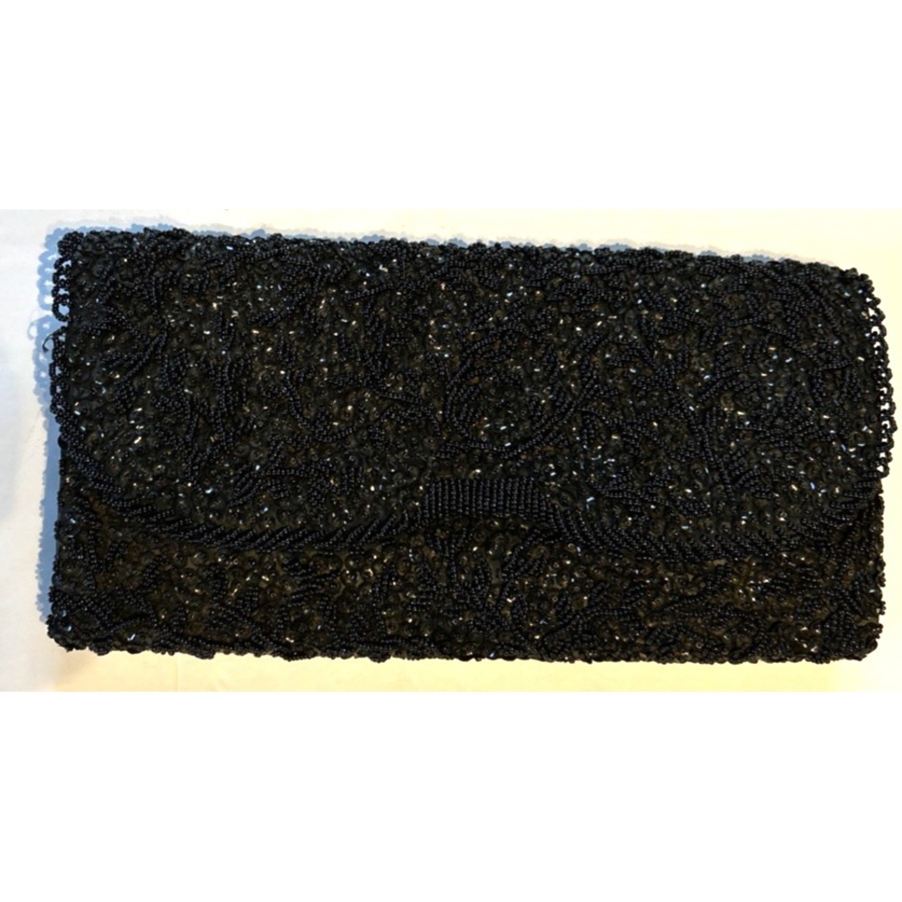 LA REGALE Black Beaded Cocktail Evening Clutch Purse Wedding Prom 10.25"x 5.25"